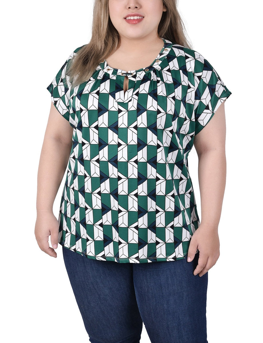  NY Collection Plus Size Extended Sleeve Top With Grommets - Black Blue Taupe Abstract - Bonton