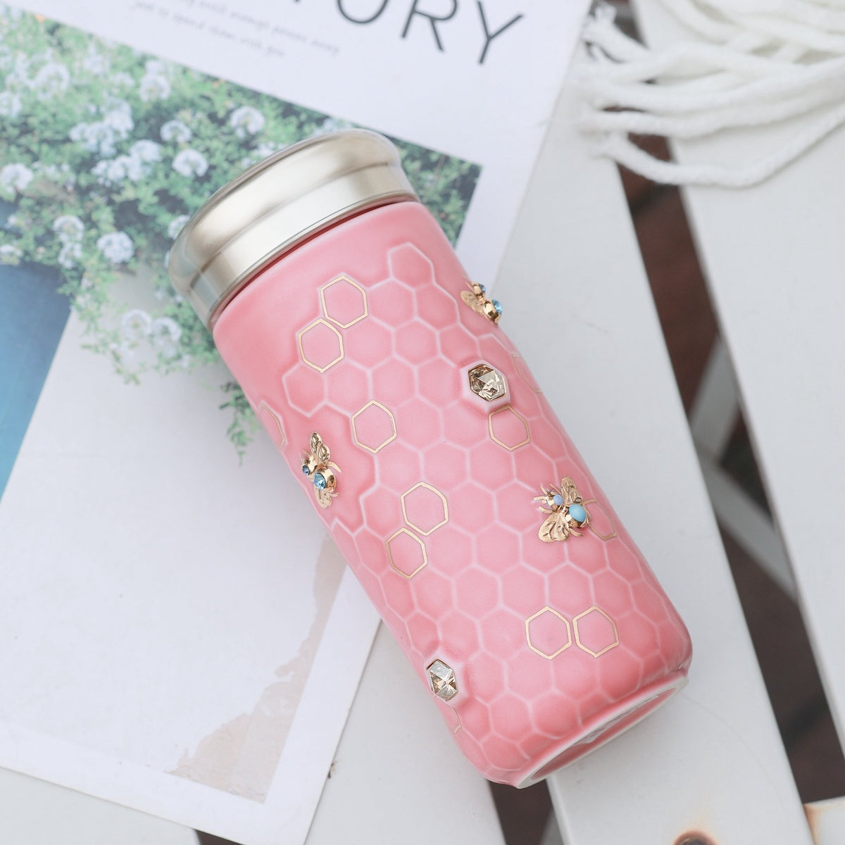  Acera Honey Bee Travel Mug With Crystals - Matte Blue and Hand Painted Gold Bees with Crystals - Bonton