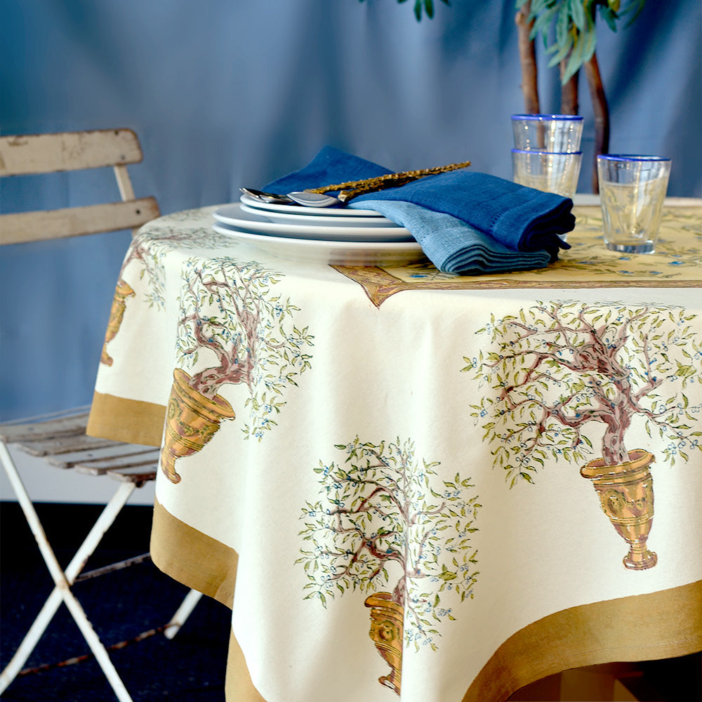  Couleur Nature Olive Tree Khaki/Blue Tablecloth - Khaki/Blue - Bonton