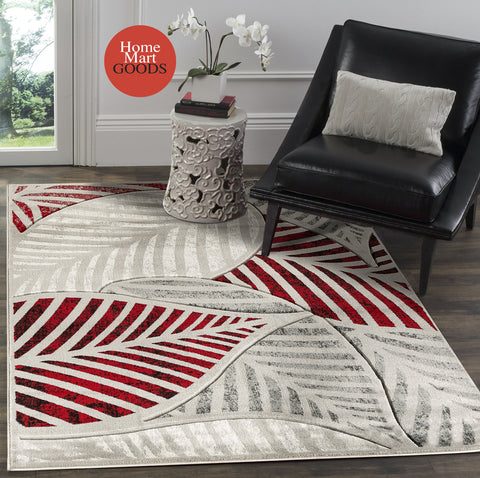 Red Silver Grey Leaf Hand-Carved Soft Living Room Area Rug by Homemartgoods
