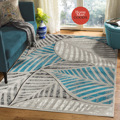 Turquoise Silver Grey Leaf Hand-Carved Soft Living Room Area Rug by Homemartgoods