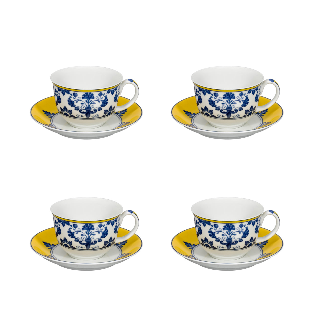  Vista Alegre Castelo Branco Tea Cups & Saucers Set of 4 - Blue/White/Yellow - Bonton