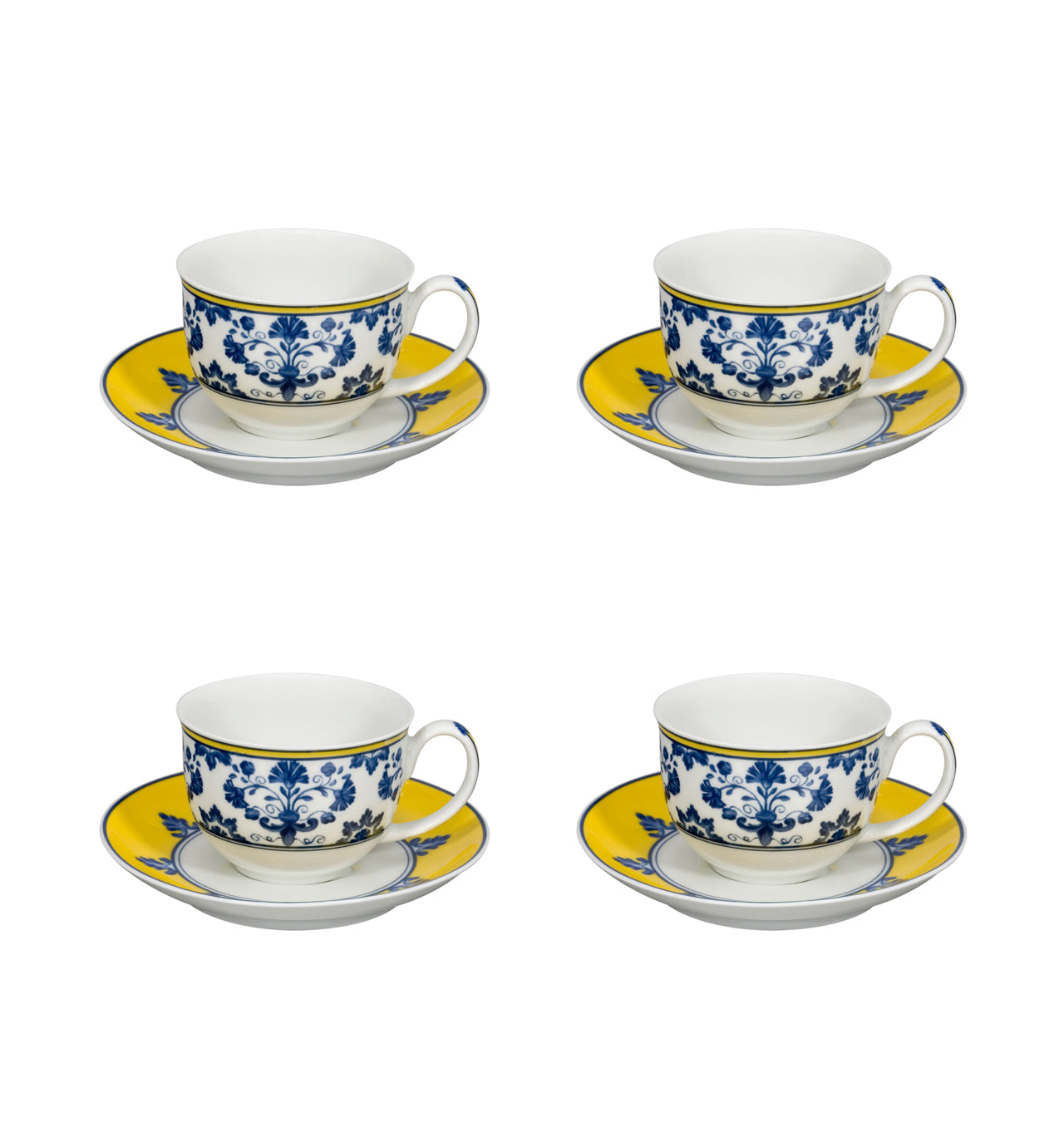  Vista Alegre Castelo Branco Coffee Cups & Saucers Set of 4 - Blue/White/Yellow - Bonton