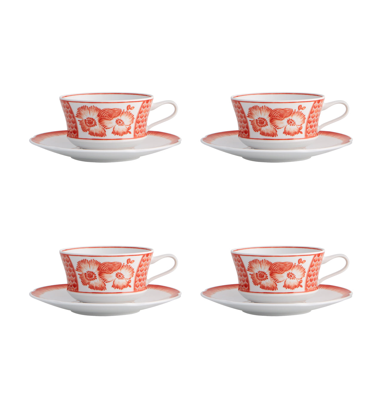  Vista Alegre Coralina Tea Cups & Saucers Set of 4 - White/Orange - Bonton