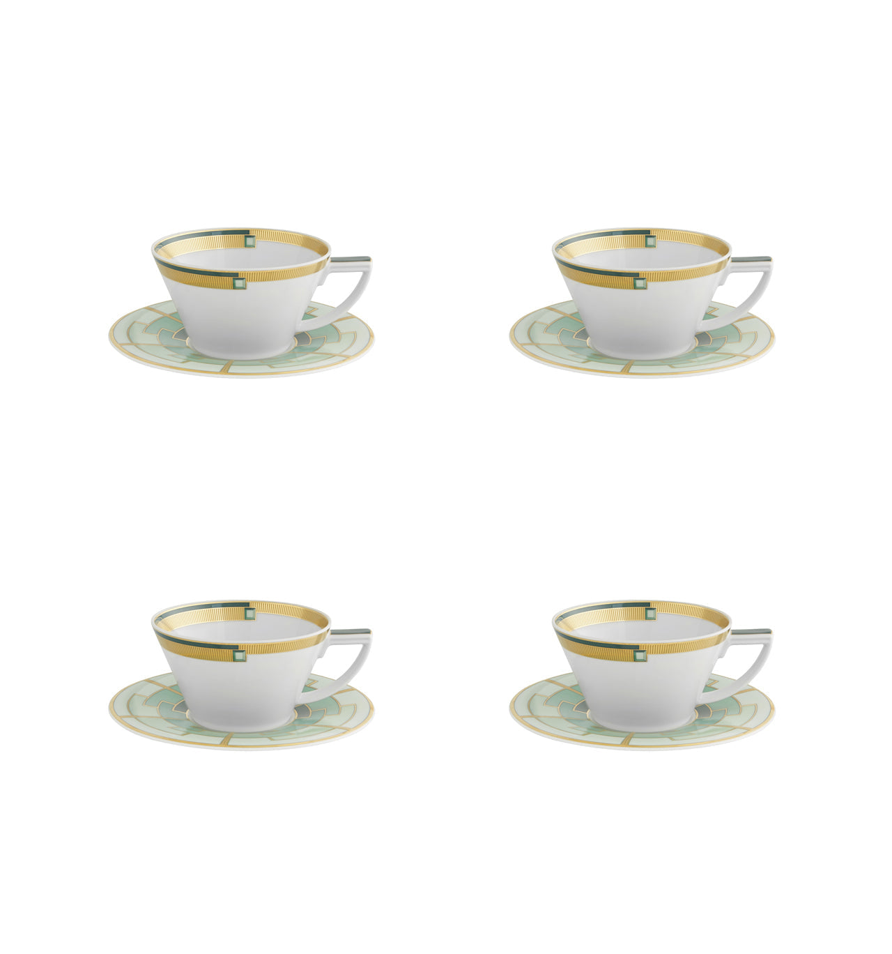  Vista Alegre Emerald Tea Cups & Saucers Set of 4 - White/Green - Bonton