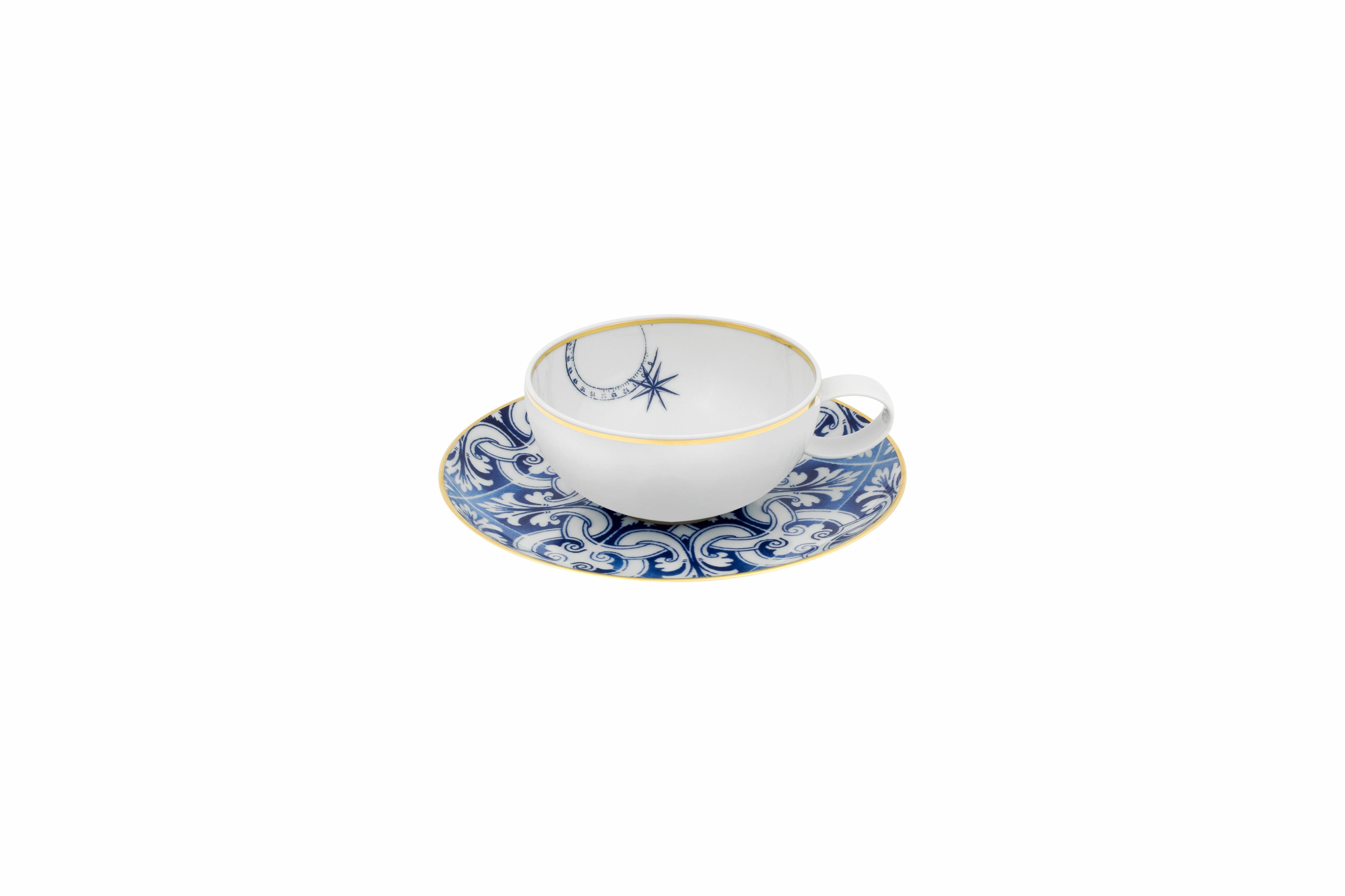  Vista Alegre Transatlantica Tea Cups & Saucers Set of 4 - Blue/White - Bonton