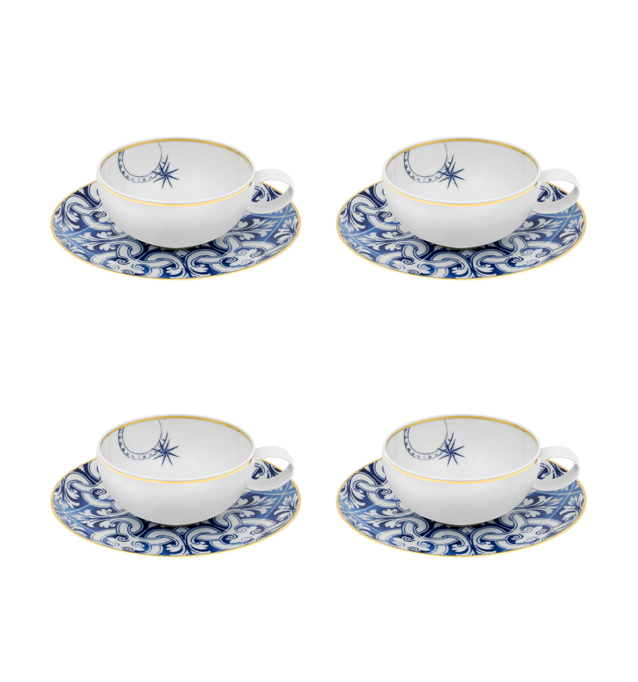  Vista Alegre Transatlantica Tea Cups & Saucers Set of 4 - Blue/White - Bonton