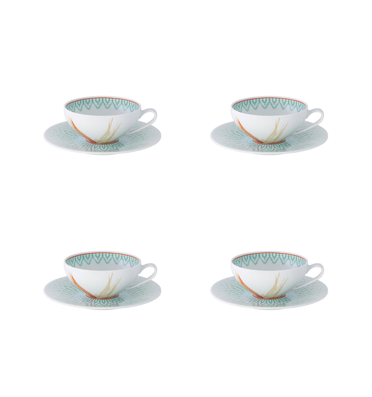  Vista Alegre Fiji Tea Cups & Saucers Set of 4 - Aqua/Orange/White - Bonton