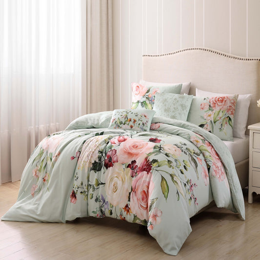 Rose on Misty Green 100% Cotton 5-Piece Reversible Comforter Set