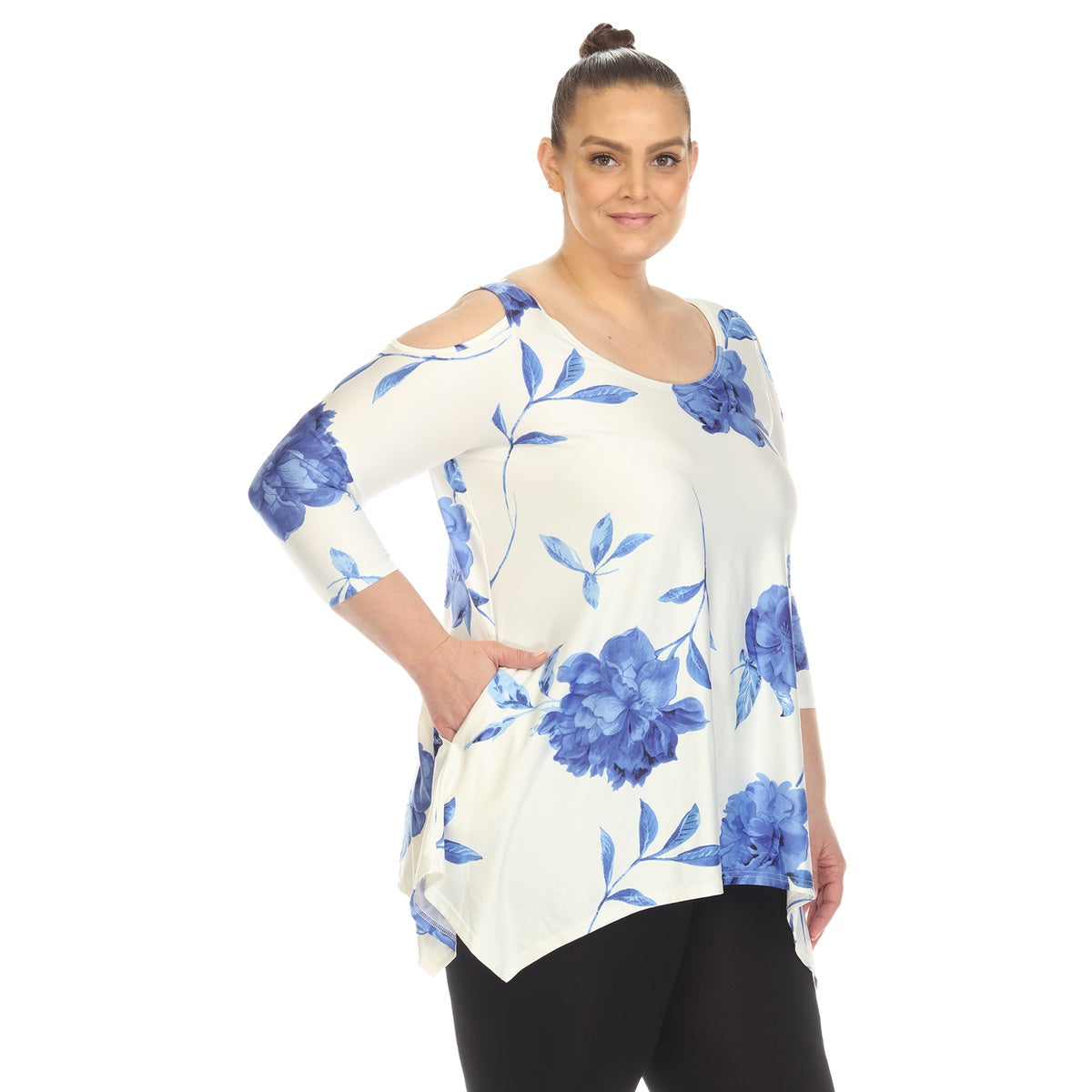  White Mark Plus Size Floral Printed Cold Shoulder Tunic - 1X - Bonton