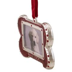 European Crystals "Best Dog" Bone Christmas Ornament- 3" - Red and Silver Finish