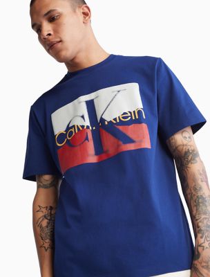  Calvin Klein Short Sleeves Torn Logo Crew Tee - Beacon Blue - Bonton