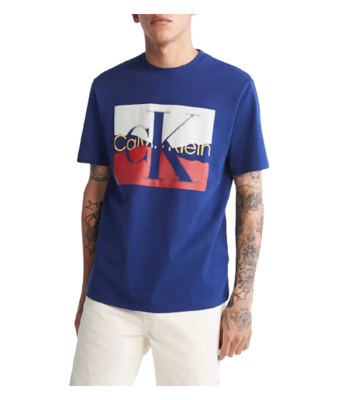  Calvin Klein Short Sleeves Torn Logo Crew Tee - Beacon Blue - Bonton