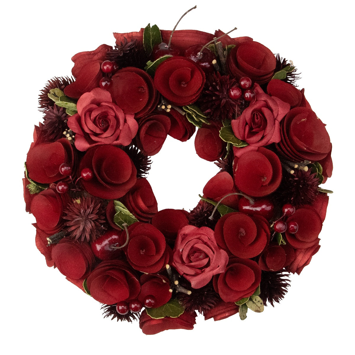  Northlight Red Wooden Roses and Berries Artificial Wreath - 9.5