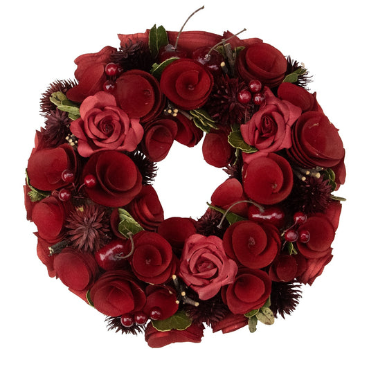 Red Wooden Roses and Berries Artificial Wreath - 9.5" - Unlit - Red and Green