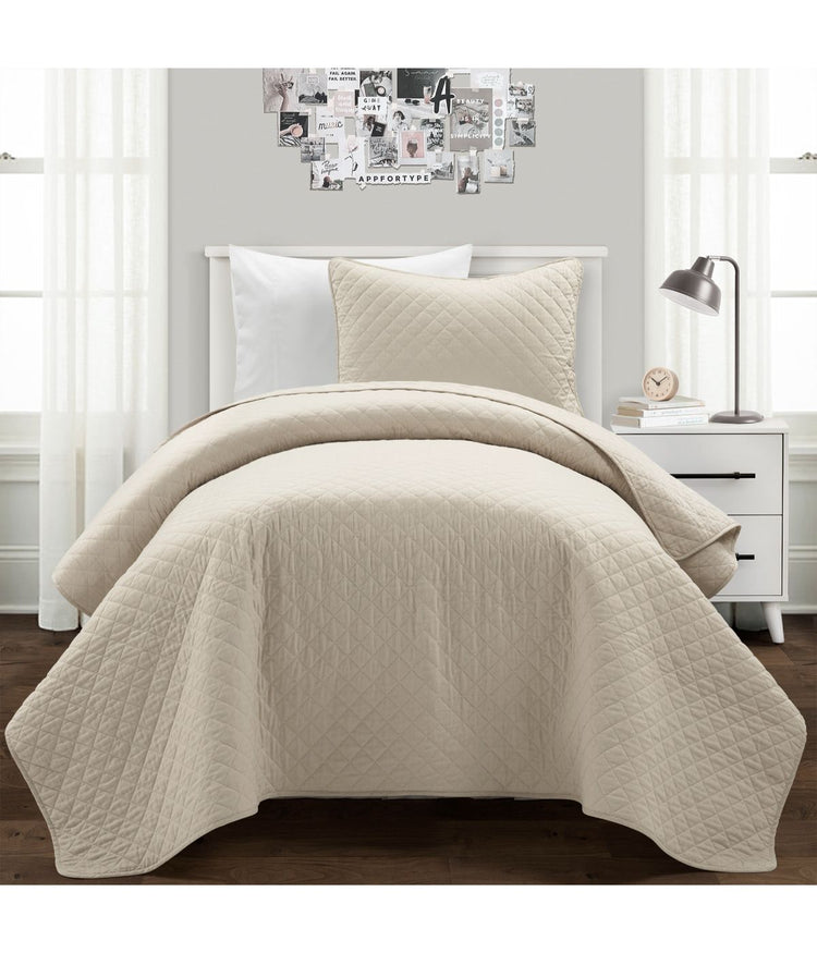 Ava Diamond Oversized Cotton Quilt Set Neutral | BONTON