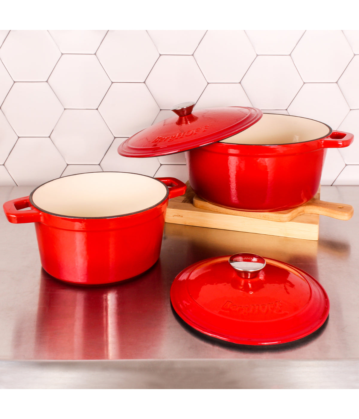  BergHOFF Neo Cast Iron 4 Piece Set with Covered Dutch Oven & Covered Stockpot - Red - Bonton