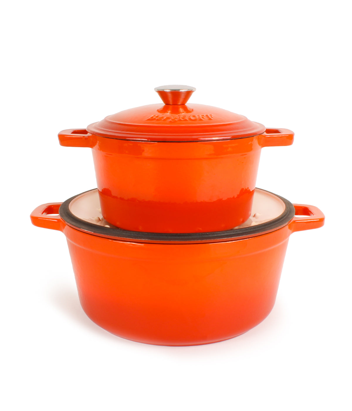  BergHOFF Neo Cast Iron 4 Piece Set with Covered Dutch Oven & Covered Stockpot - Orange - Bonton