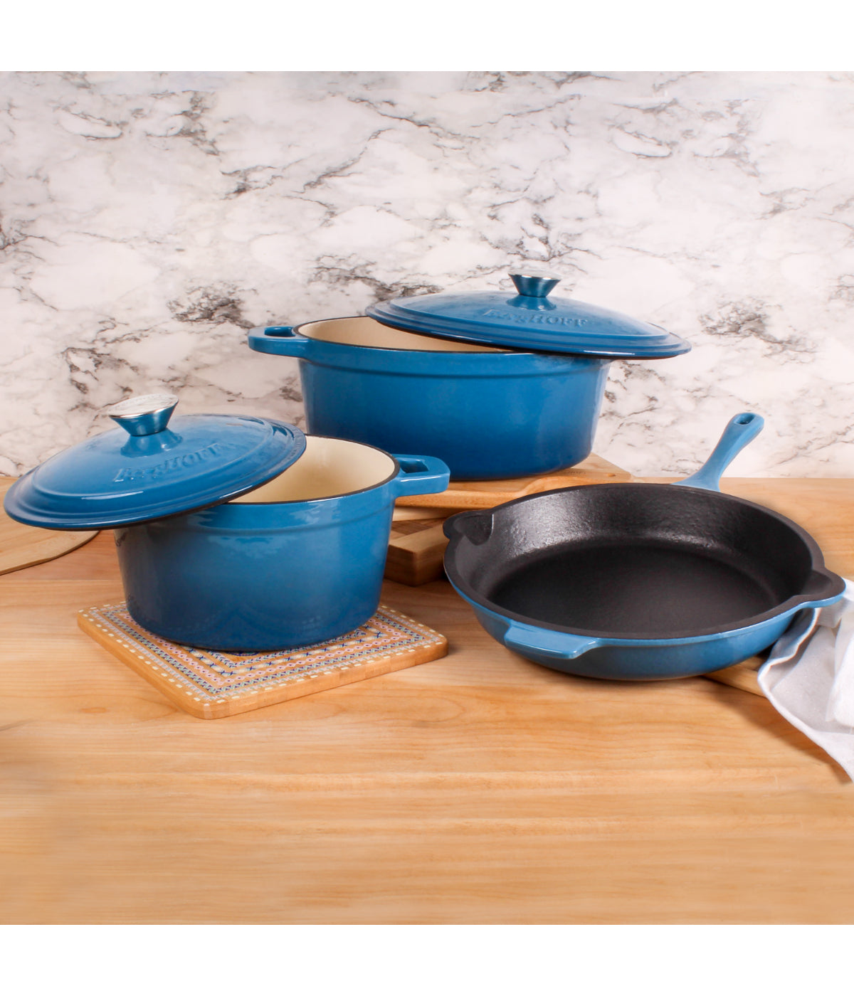  BergHOFF Neo Cast Iron 5 Piece Set with 3 Qt & 5 Qt Covered Dutch Oven & Fry Pan - Blue - Bonton