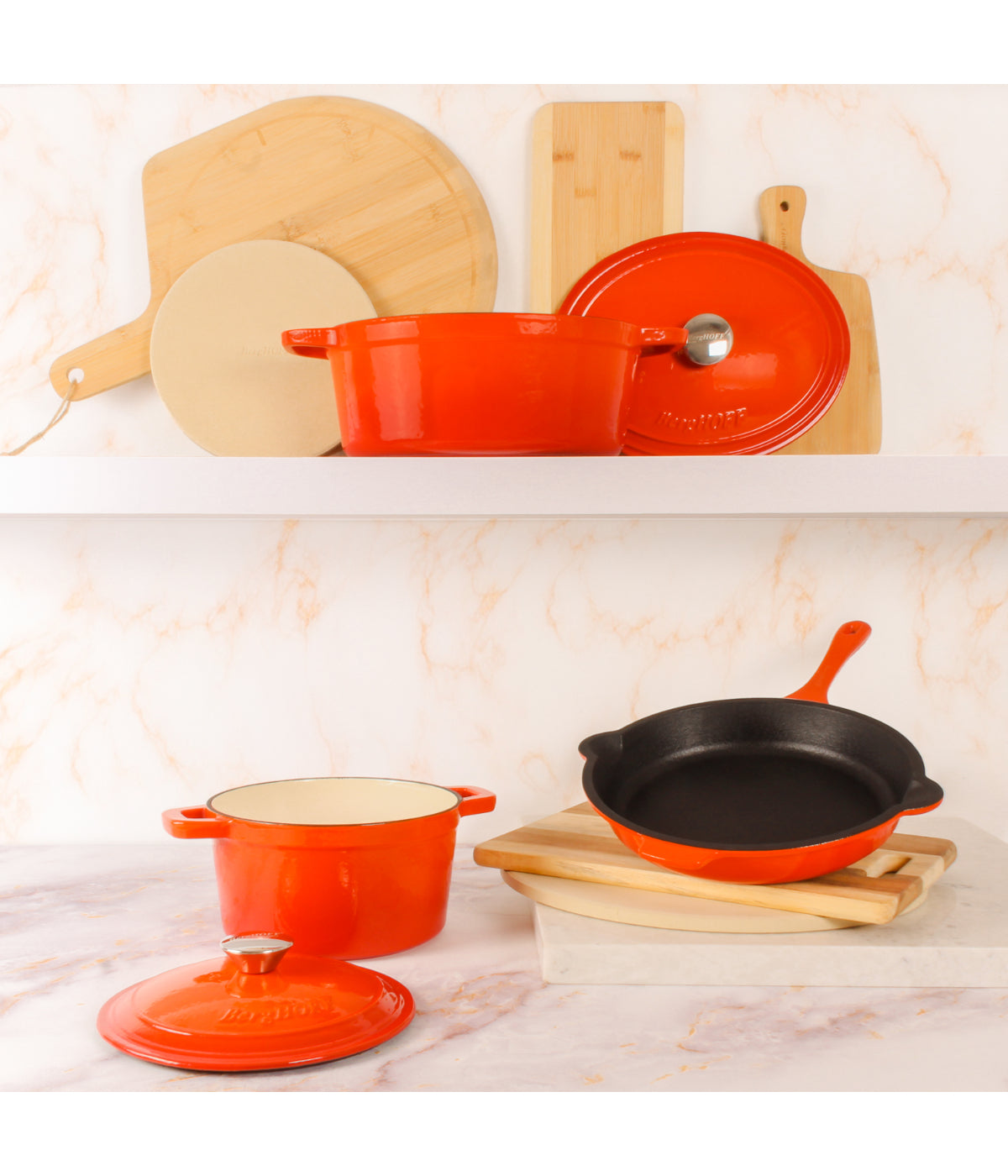  BergHOFF Neo Cast Iron 5 Piece Set with 3 Qt & 5 Qt Covered Dutch Oven & Fry Pan - Orange - Bonton