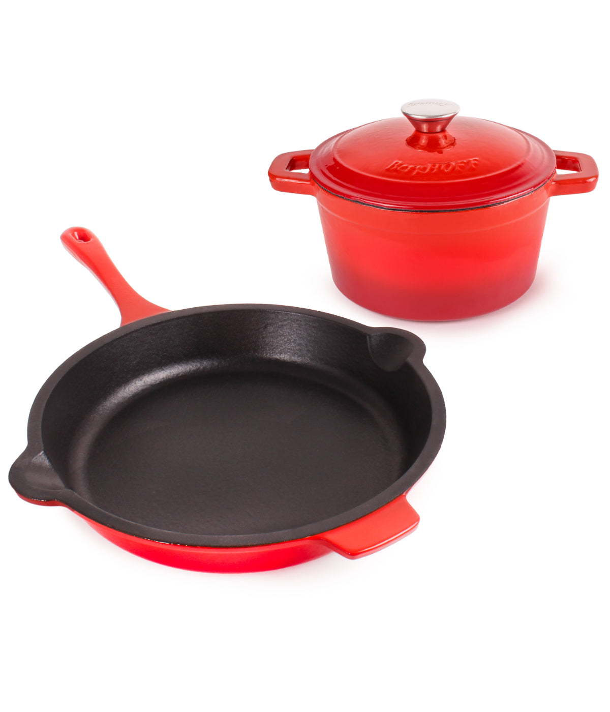  BergHOFF Neo Cast Iron 3 Piece Cookware Set with Covered Dutch Oven & Fry Pan - Red - Bonton