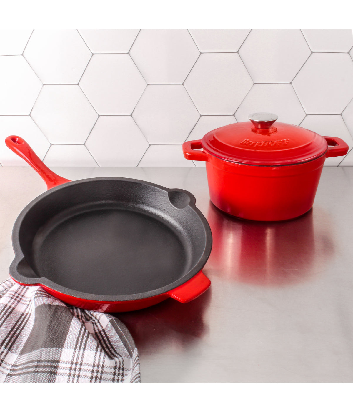  BergHOFF Neo Cast Iron 3 Piece Cookware Set with Covered Dutch Oven & Fry Pan - Red - Bonton