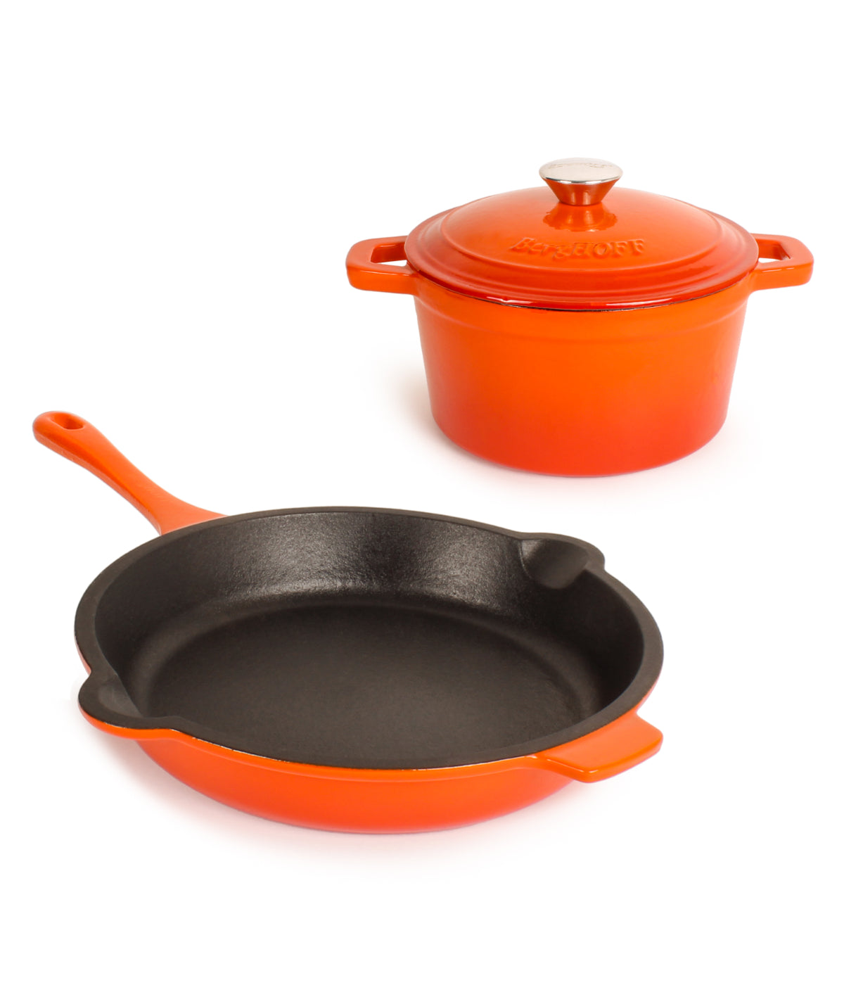  BergHOFF Neo Cast Iron 3 Piece Cookware Set with Covered Dutch Oven & Fry Pan - Orange - Bonton