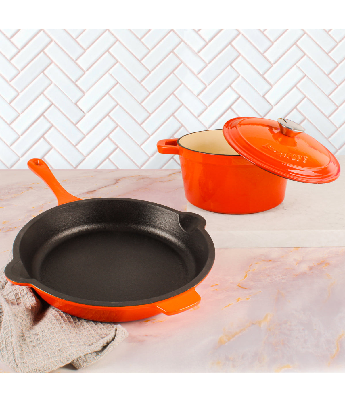  BergHOFF Neo Cast Iron 3 Piece Cookware Set with Covered Dutch Oven & Fry Pan - Orange - Bonton