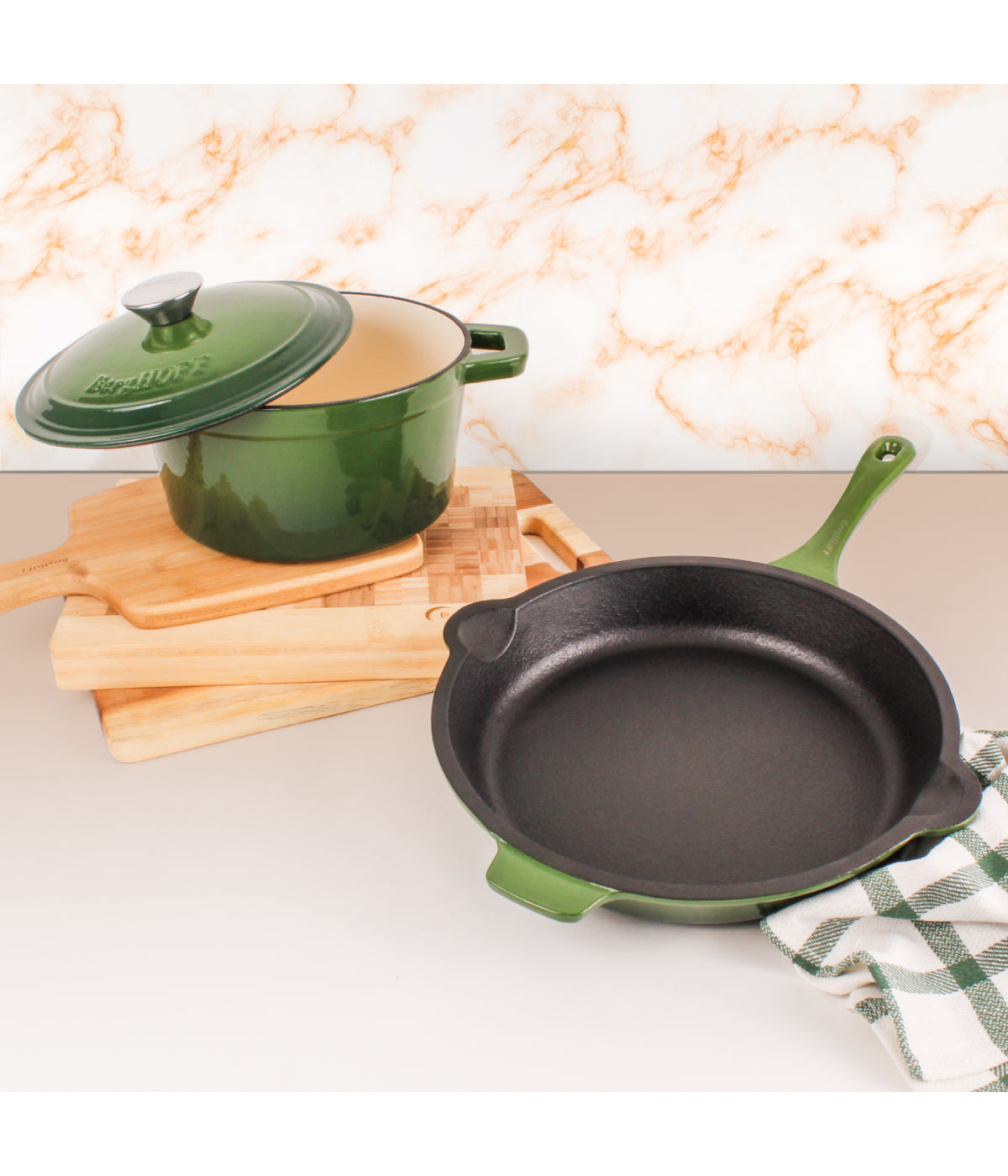  BergHOFF Neo Cast Iron 3 Piece Cookware Set with Covered Dutch Oven & Fry Pan - Green - Bonton