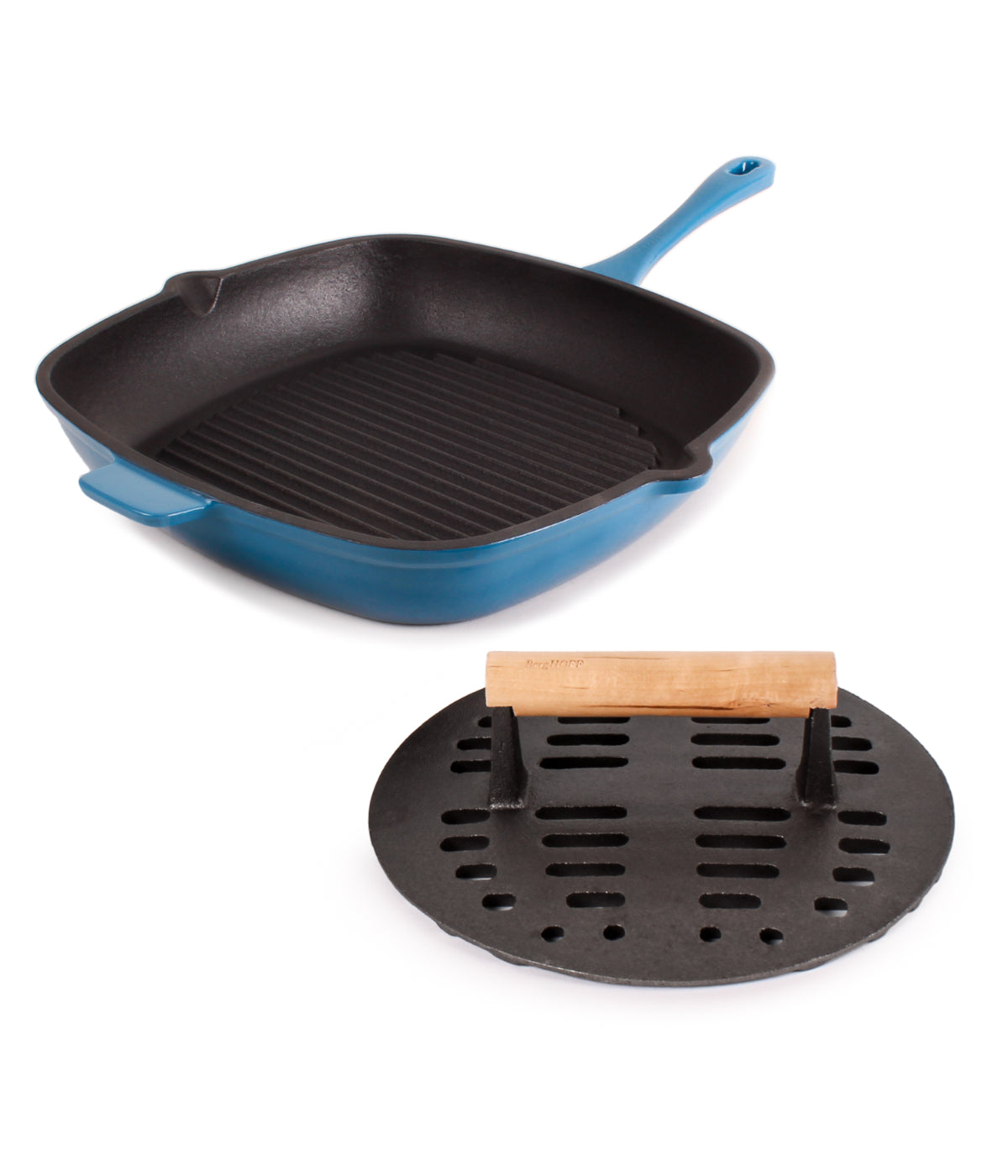  BergHOFF Neo 2 Piece Cast Iron Grill Pan with Slotted Steak Press - Blue - Bonton