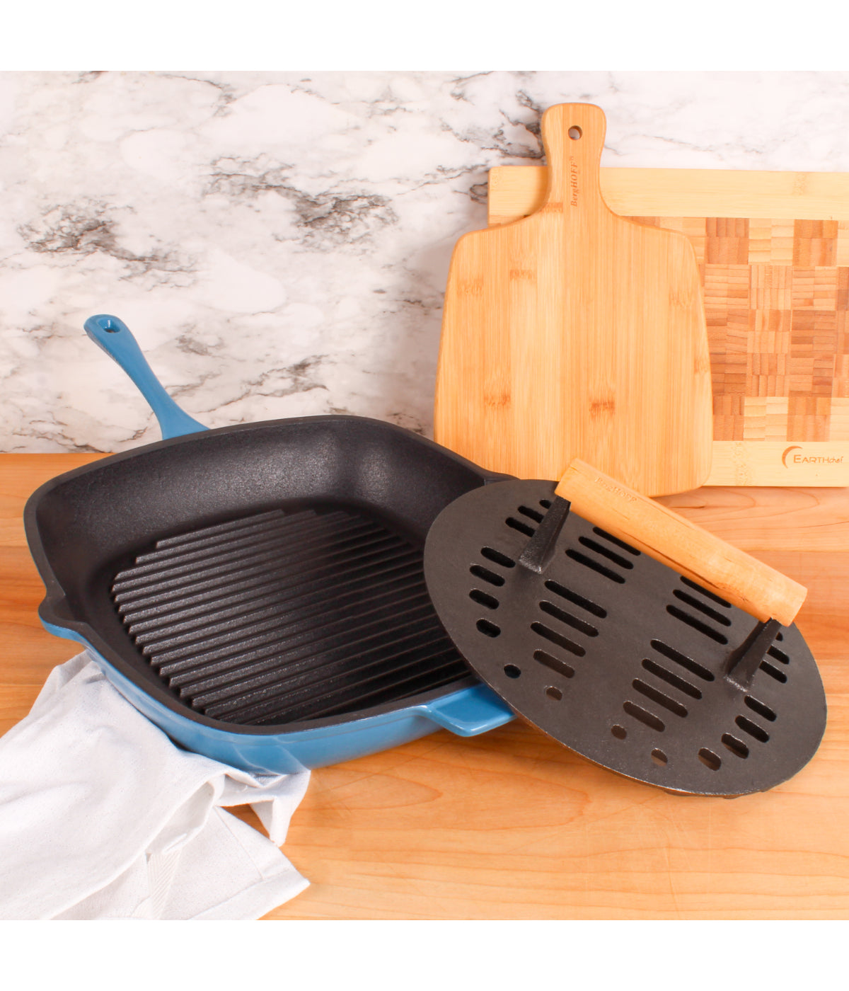  BergHOFF Neo 2 Piece Cast Iron Grill Pan with Slotted Steak Press - Blue - Bonton