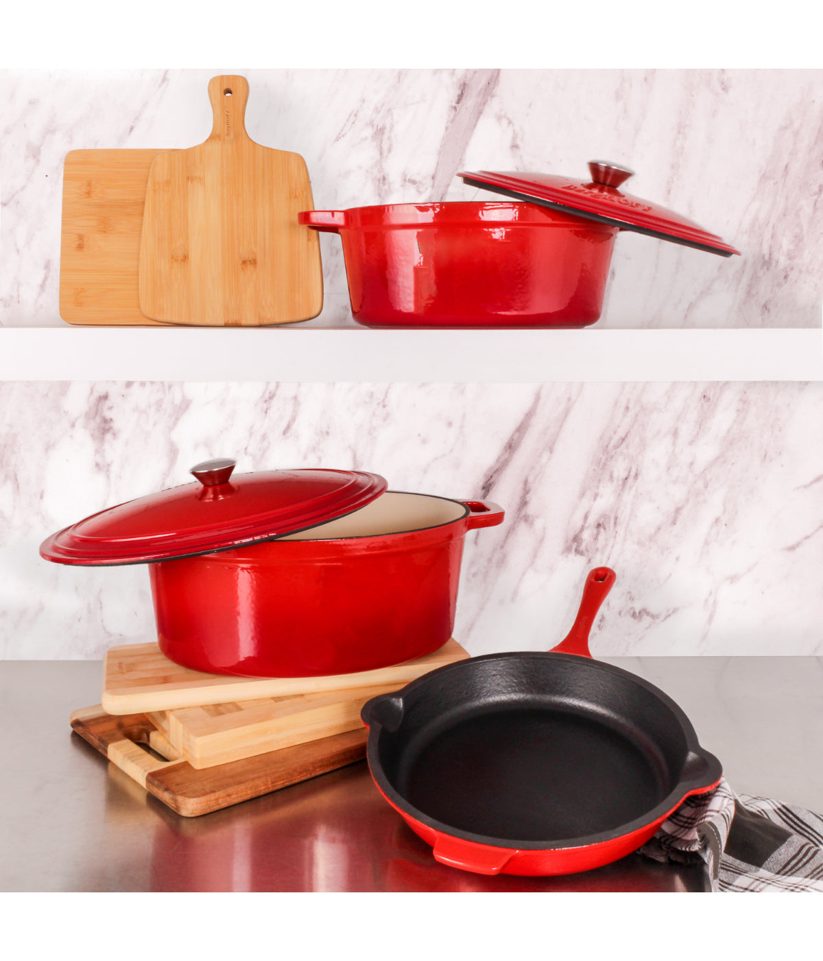  BergHOFF Neo Cast Iron 5 Piece Set with 5 Qt & 8 Qt Covered Dutch Oven & Fry Pan - Red - Bonton