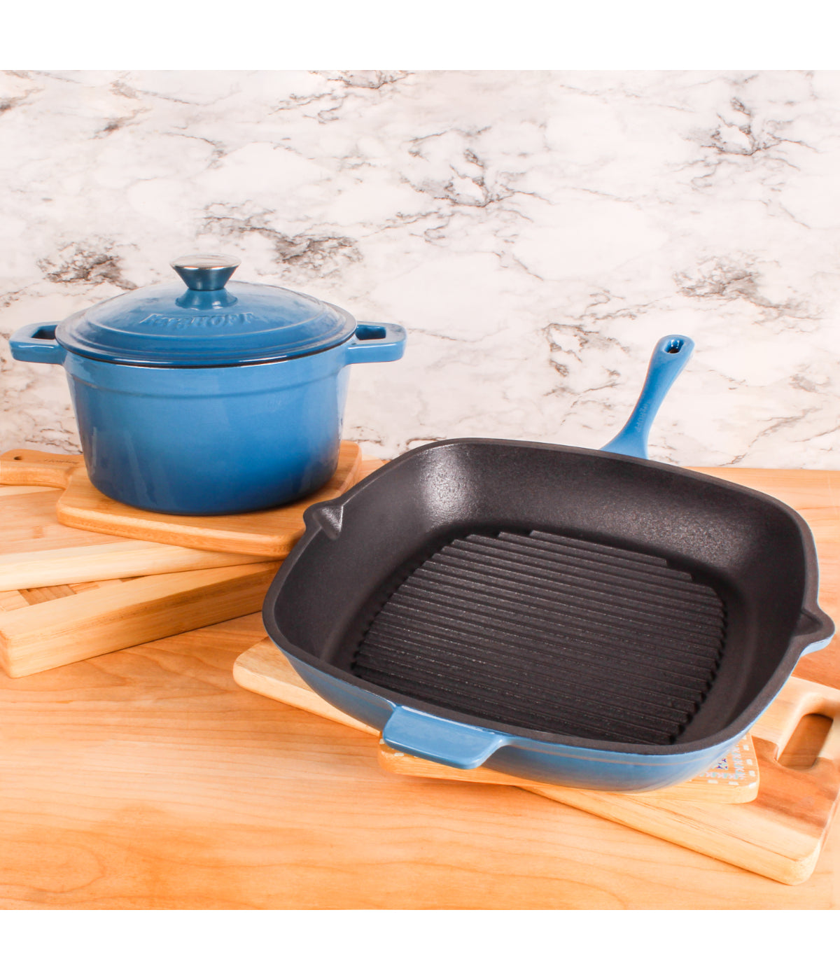  BergHOFF Neo Cast Iron Covered Dutch Oven & Grill Pan Set - Blue - Bonton