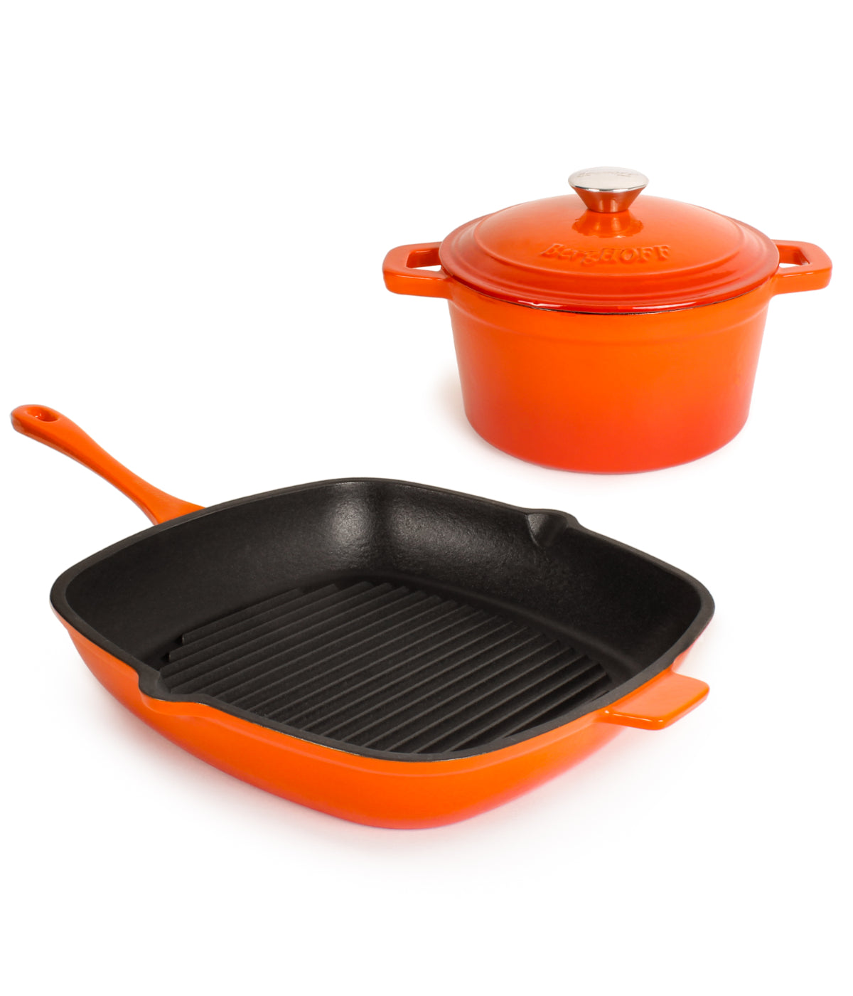  BergHOFF Neo Cast Iron Covered Dutch Oven & Grill Pan Set - Orange - Bonton