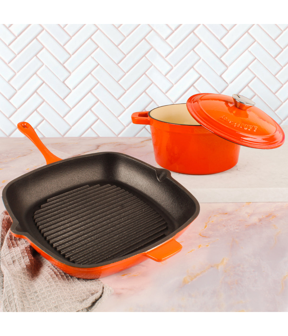  BergHOFF Neo Cast Iron Covered Dutch Oven & Grill Pan Set - Orange - Bonton