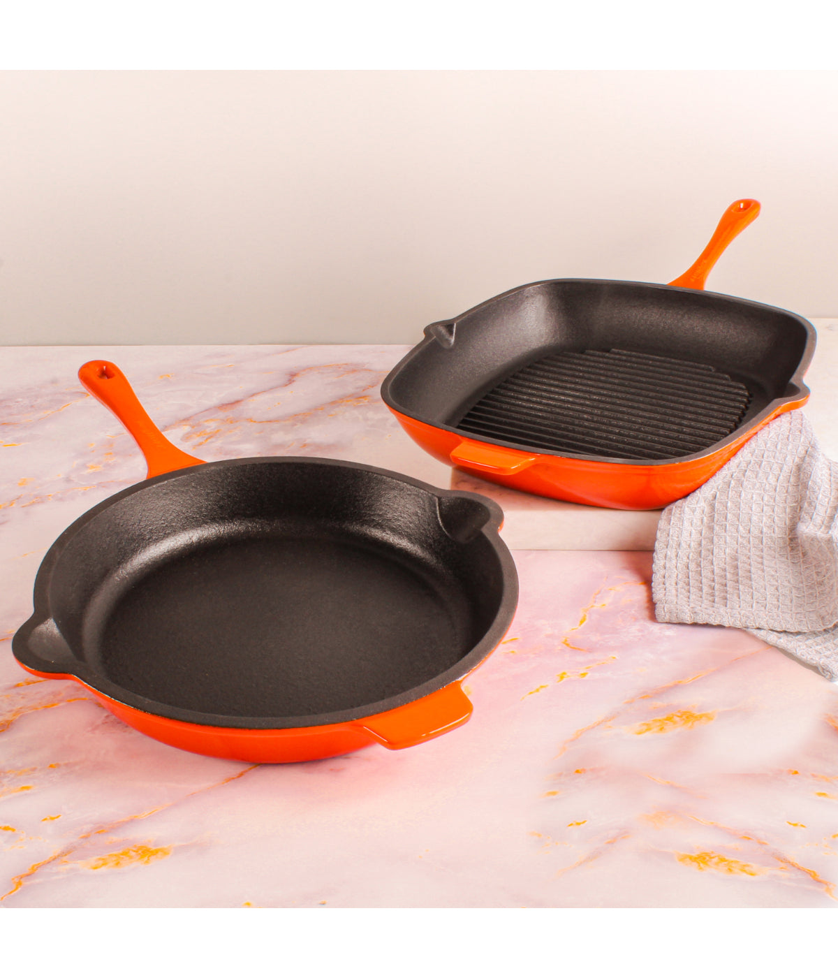  BergHOFF Neo 2 Piece Cast Iron Fry Pan & Grill Pan Set - Orange - Bonton