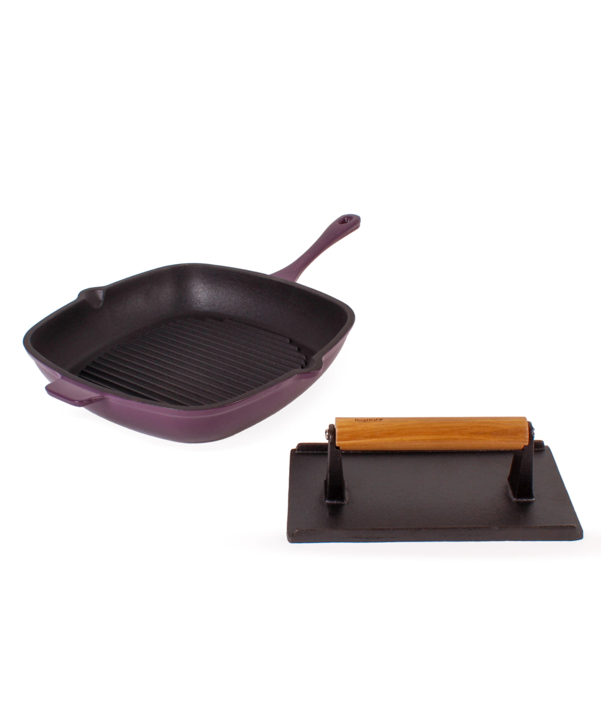  BergHOFF Neo 2 Piece Cast Iron Grill Set, Grill Pan & Steak Press - Purple - Bonton