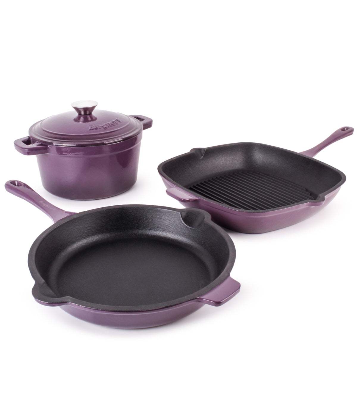  BergHOFF Neo Cast Iron 4 Piece Set with Grill Pan, Fry Pan & Covered Dutch Oven - Purple - Bonton