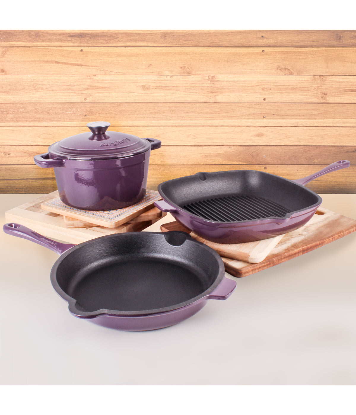  BergHOFF Neo Cast Iron 4 Piece Set with Grill Pan, Fry Pan & Covered Dutch Oven - Purple - Bonton