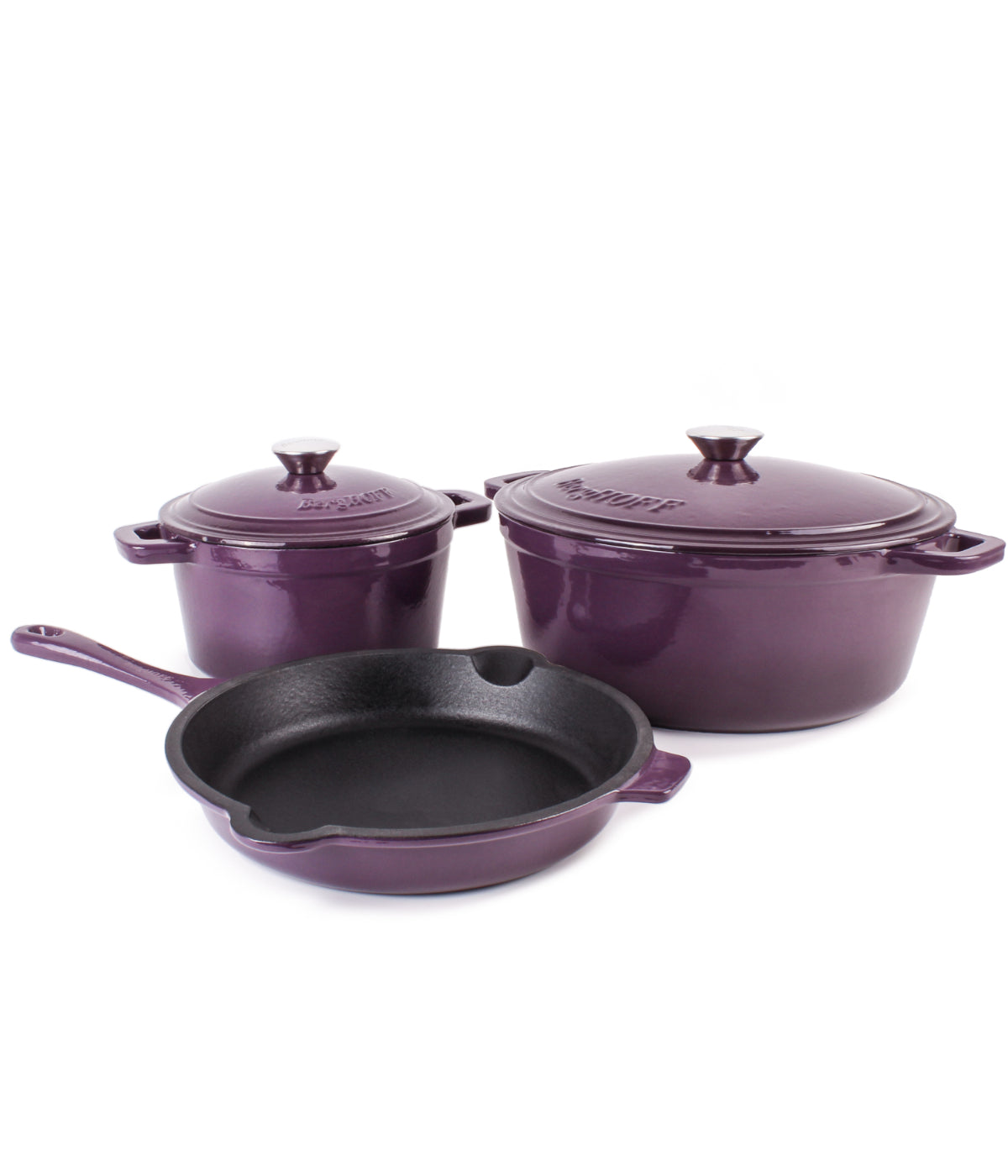  BergHOFF Neo Cast Iron 5 Piece Set with 3 Qt & 5 Qt Covered Dutch Oven & Fry Pan - Purple - Bonton