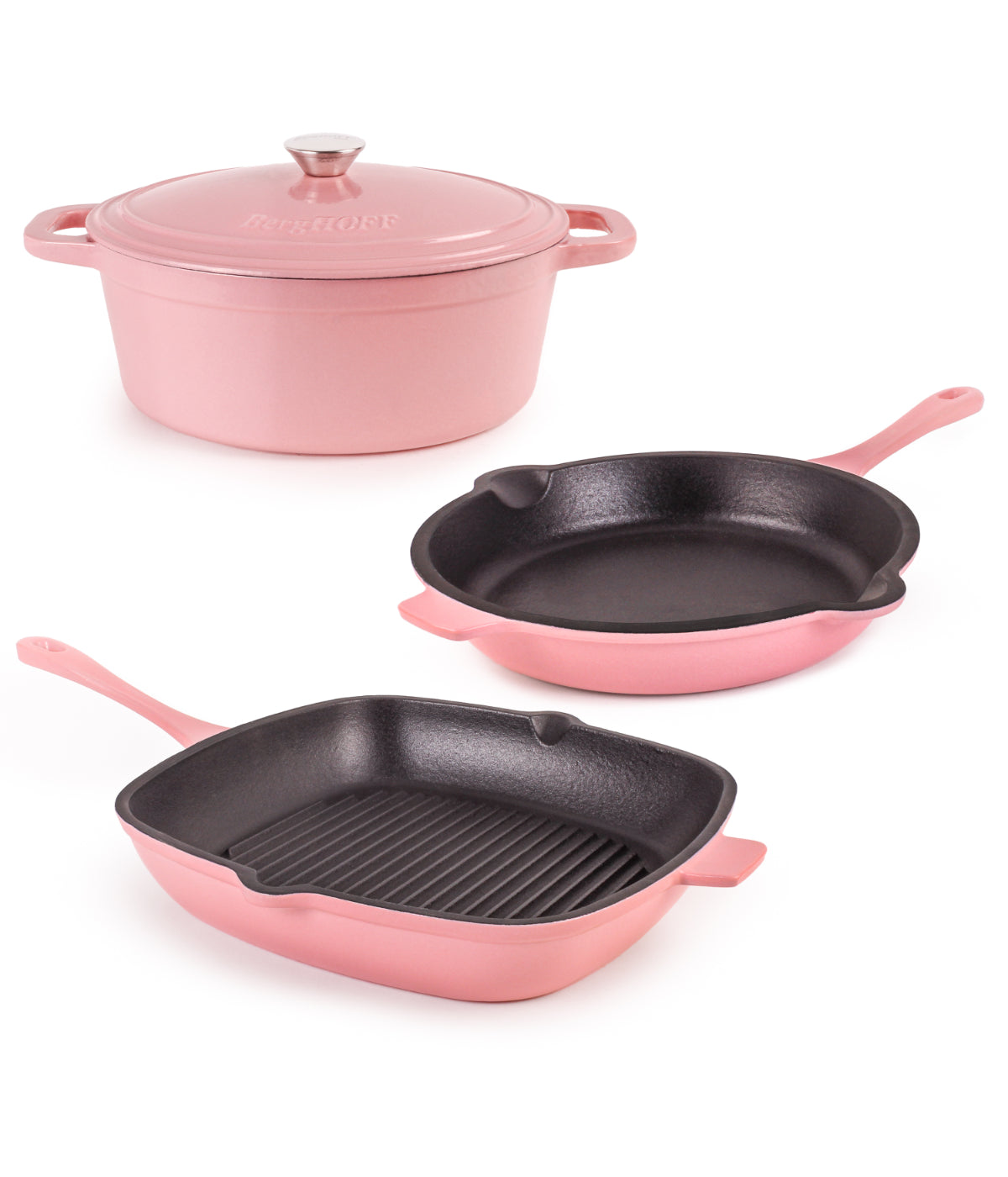  BergHOFF Neo Cast Iron 4 Piece Set with Fry Pan, Grill Pan & Covered Dutch Oven - Pink - Bonton