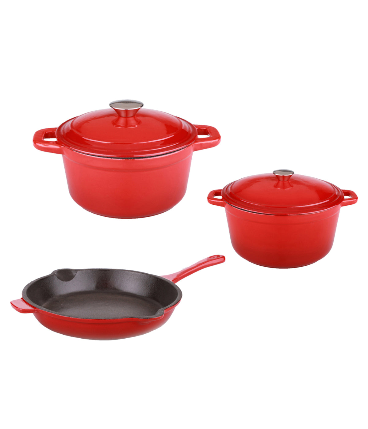  BergHOFF Neo Cast Iron 5 Piece Set with 3 Qt & 5 Qt Covered Dutch Oven & Fry Pan - Red - Bonton