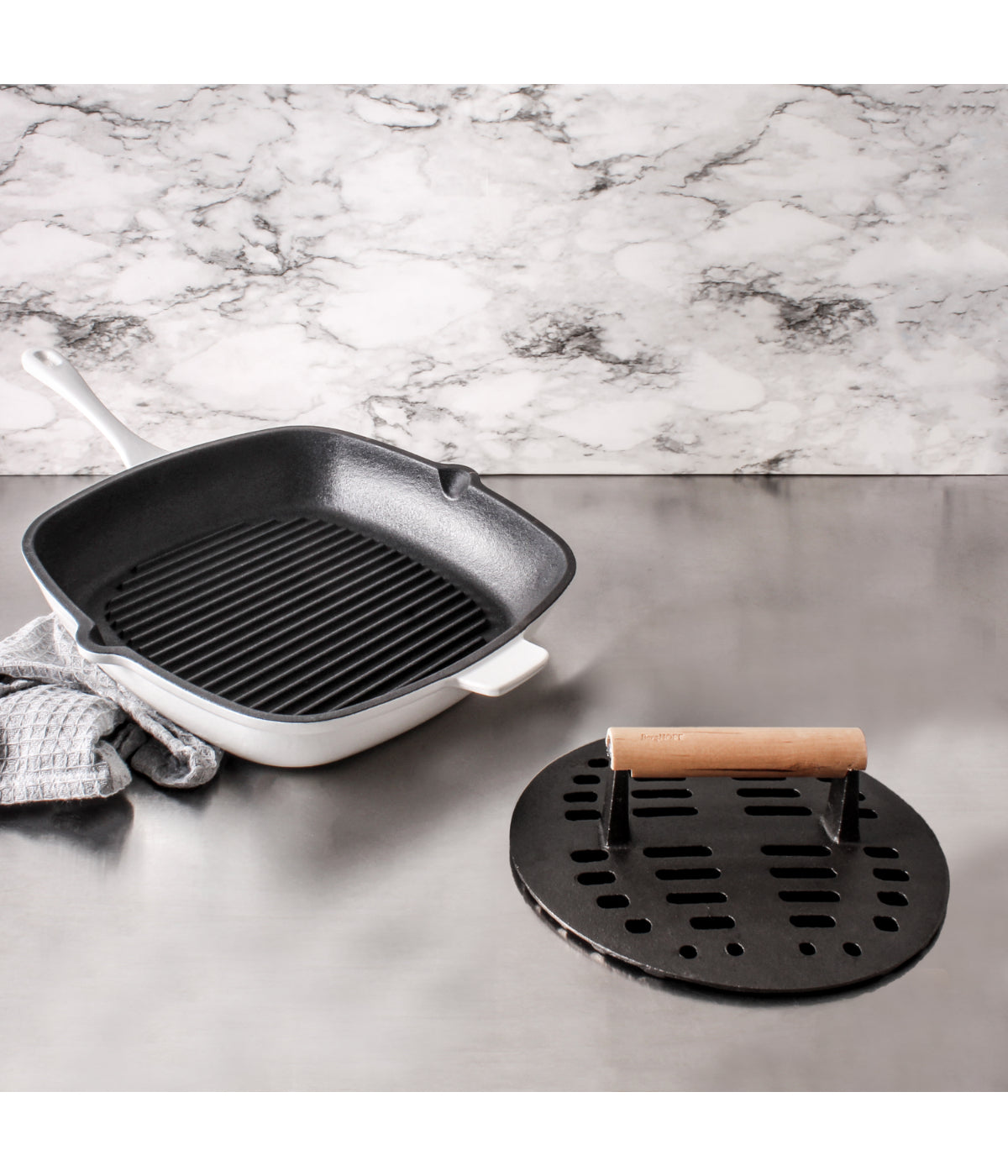  BergHOFF Neo 2 Piece Cast Iron Grill Pan with Slotted Steak Press - White - Bonton