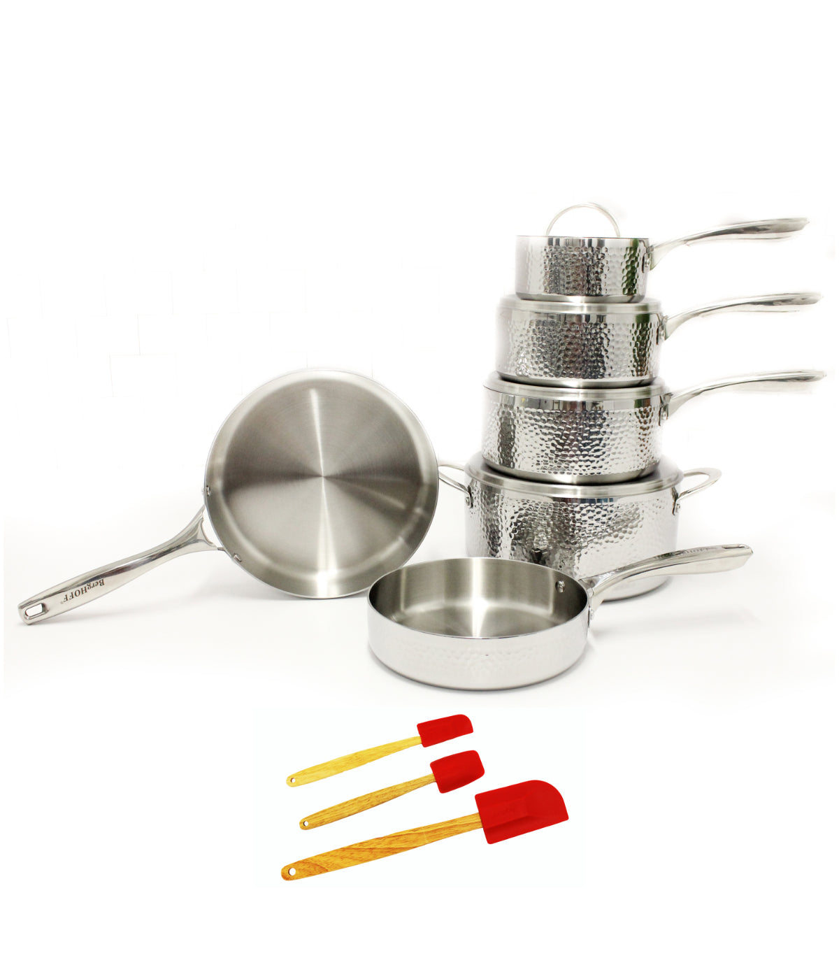  BergHOFF Hammered 13 Piece 18/10 Stainless Steel Cookware Set - Silver, Red - Bonton