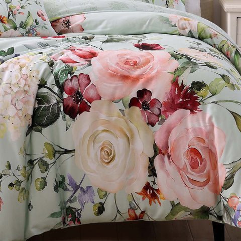 Rose on Misty Green 100% Cotton 5-Piece Reversible Comforter Set