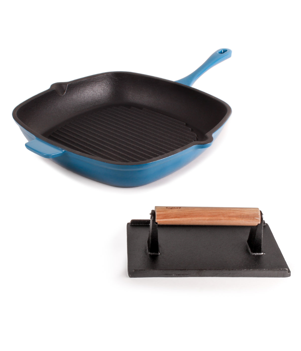  BergHOFF Neo 2 Piece Cast Iron Grill Set, Grill Pan & Steak Press - Blue - Bonton