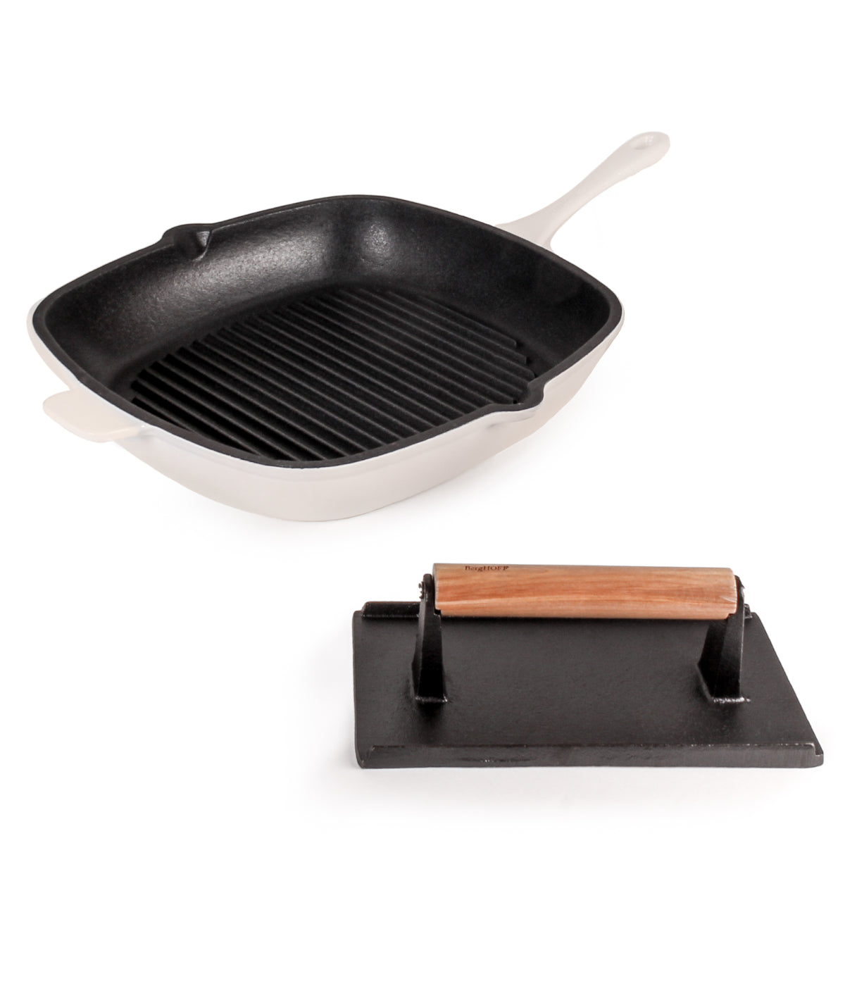  BergHOFF Neo 2 Piece Cast Iron Grill Set, Grill Pan & Steak Press - Meringue - Bonton