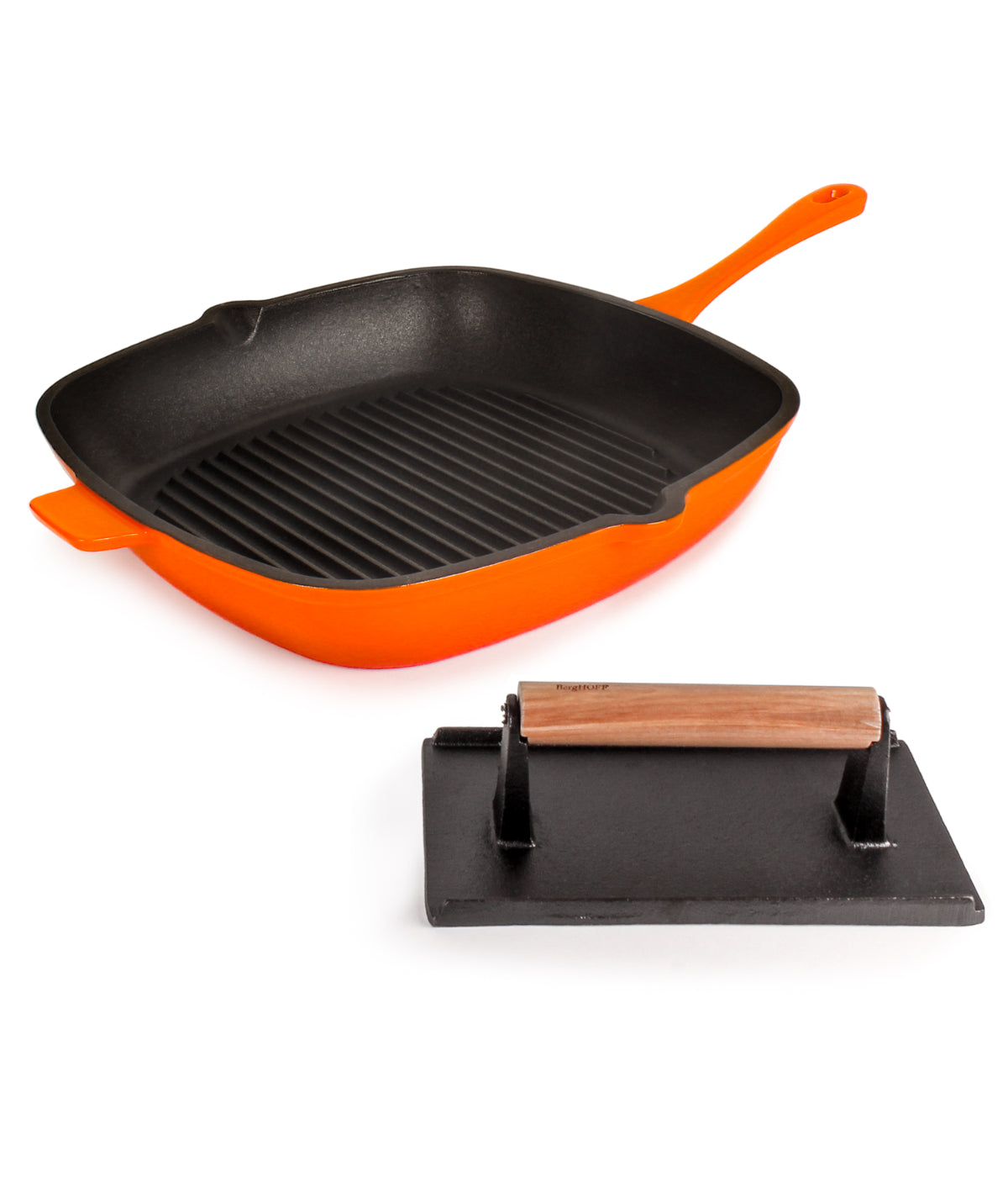  BergHOFF Neo 2 Piece Cast Iron Grill Set, Grill Pan & Steak Press - Orange - Bonton