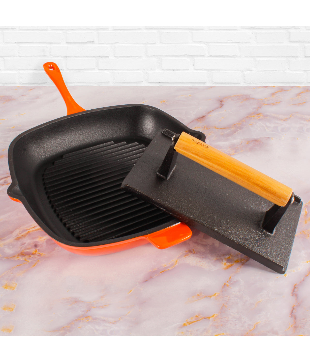  BergHOFF Neo 2 Piece Cast Iron Grill Set, Grill Pan & Steak Press - Orange - Bonton