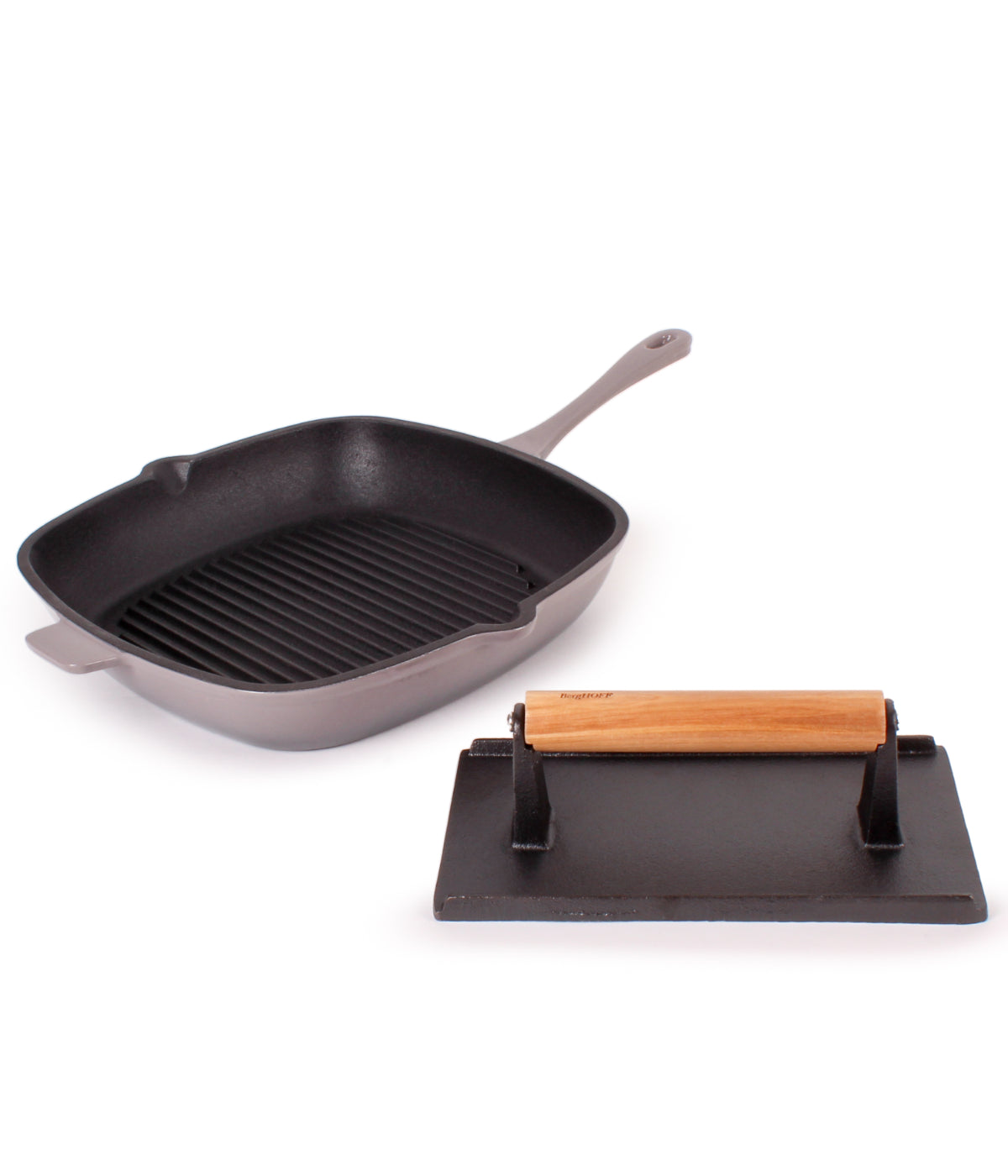  BergHOFF Neo 2 Piece Cast Iron Grill Set, Grill Pan & Steak Press - Oyster - Bonton